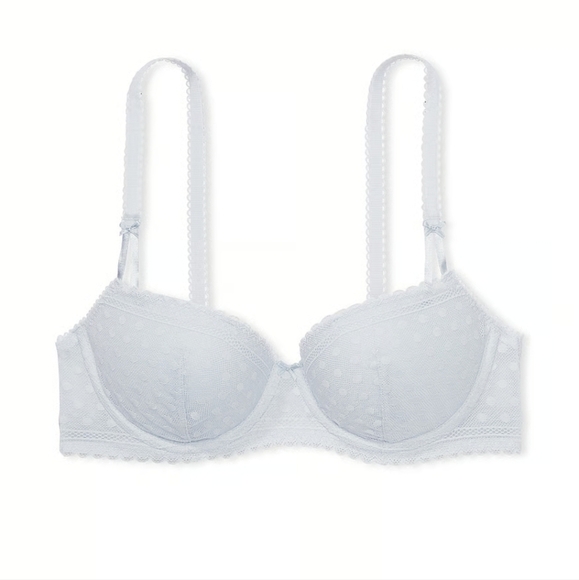 Victoria's Secret Pink Wink Push-up Balconette Dainty Lace Bow Blue Bra SZ 36B - Picture 1 of 11